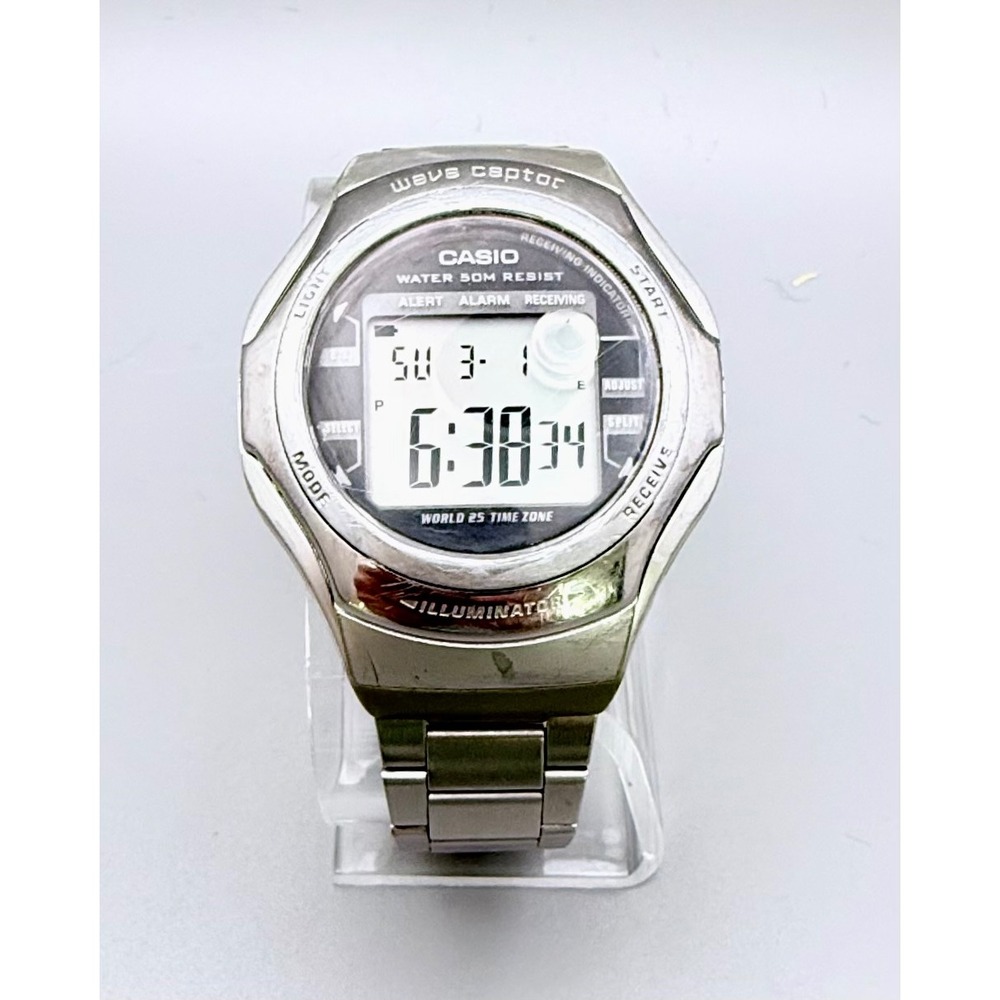 Casio Wave Ceptor WV-59H Digital Watch Silver Tone Band Illuminator Working
